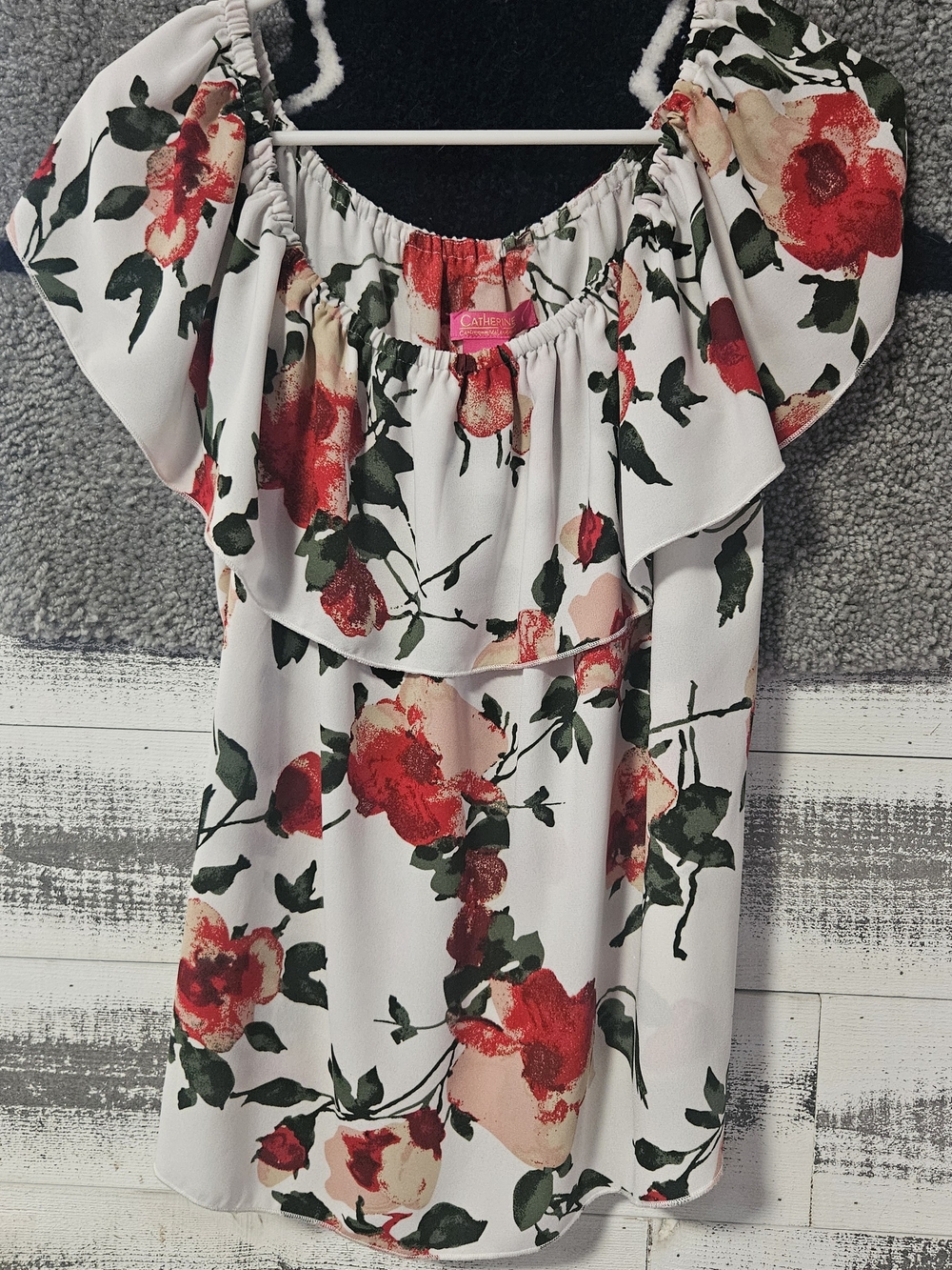 Catherines White Floral Off-Shoulder Ruffle Blouse